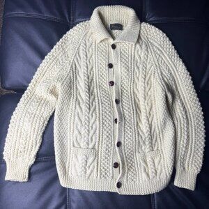 Vintage Rossan Knitwear Women's Cardigan Sweater White Cable Handknit Size XL